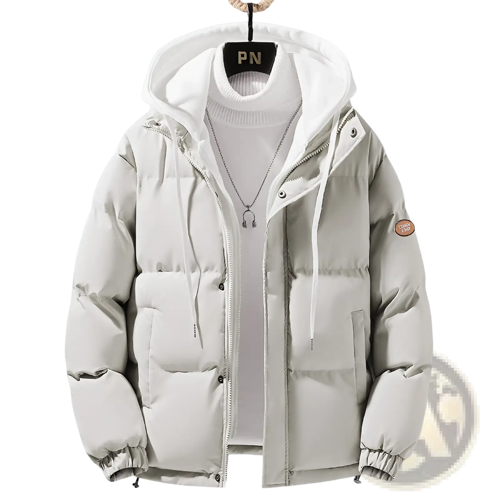 Men’s winter windproof layered hooded puffer jacket in light gray with white hood, quilted panels, and elastic cuffs