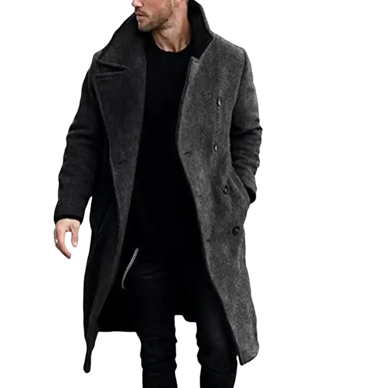 Men’s wool blend double breasted winter overcoat in textured charcoal gray with black buttons and plush collar