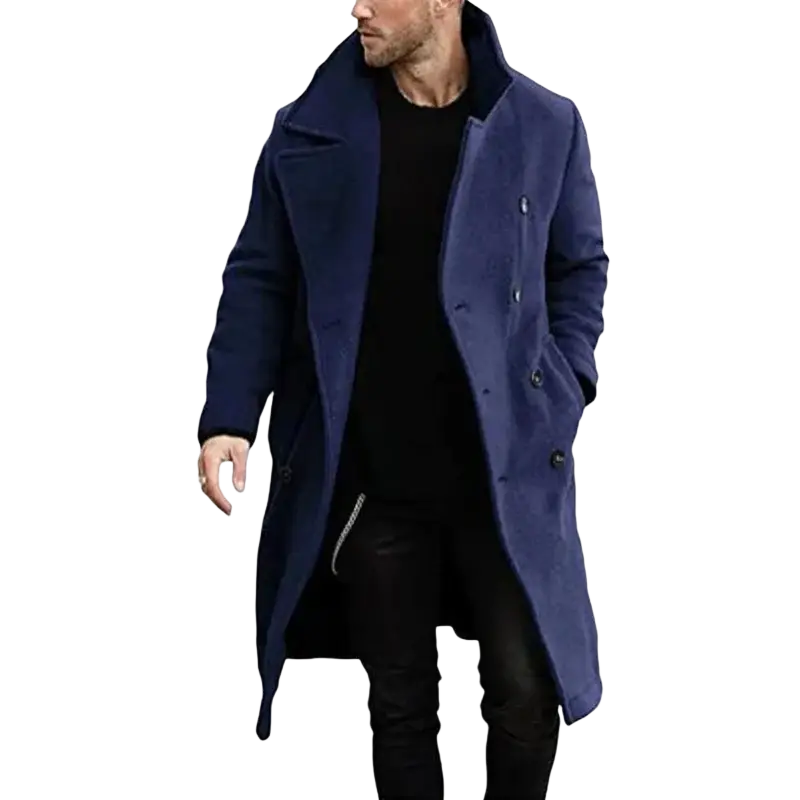 Men’s navy blue wool blend double breasted winter overcoat with plush fleece lining and black buttons
