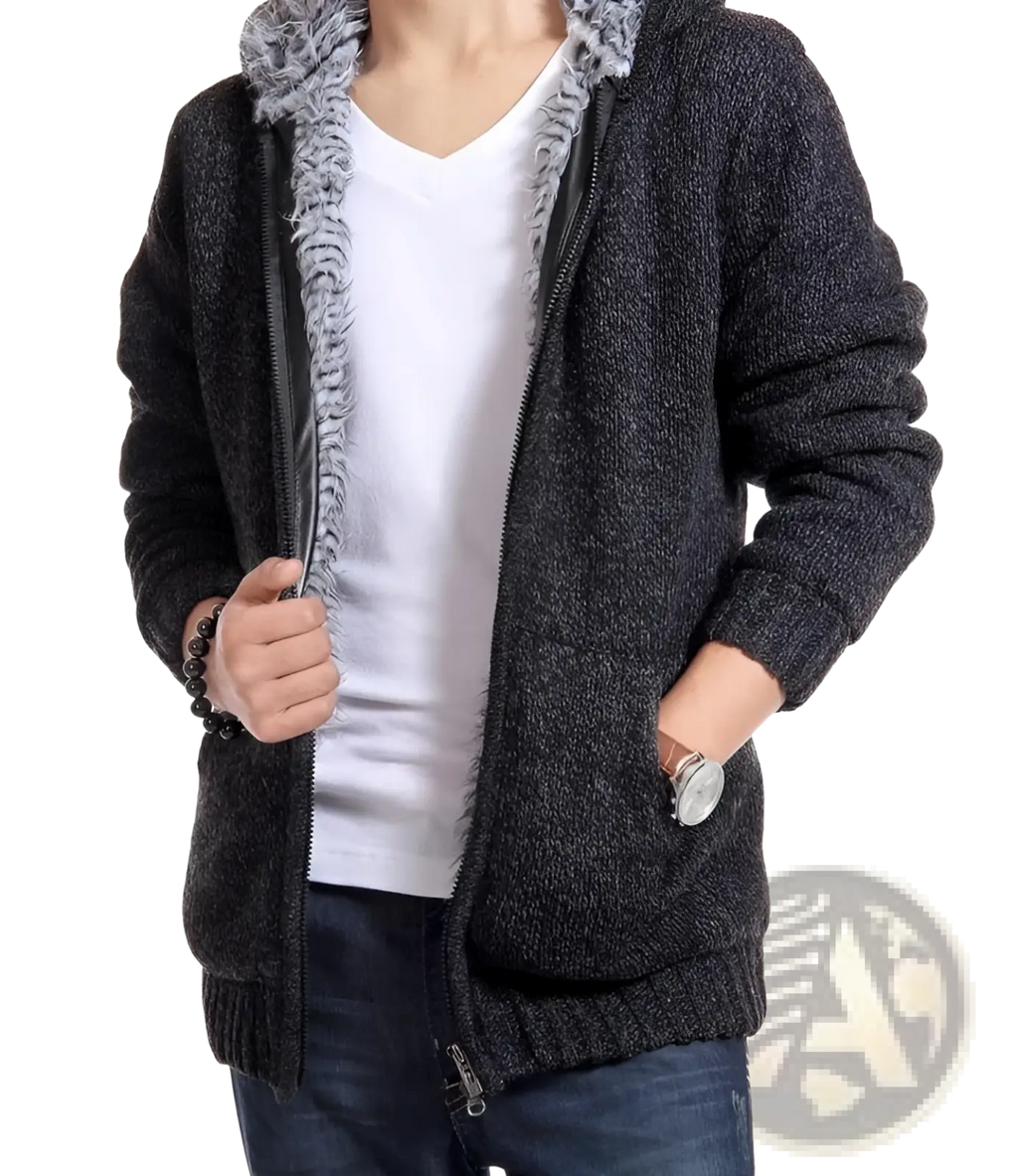 Men’s wool blend knit zip up hoodie in dark gray with a fluffy light gray faux fur-lined hood and ribbed cuffs