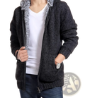 Men’s wool blend knit zip up hoodie in dark gray with a fluffy light gray faux fur-lined hood and ribbed cuffs