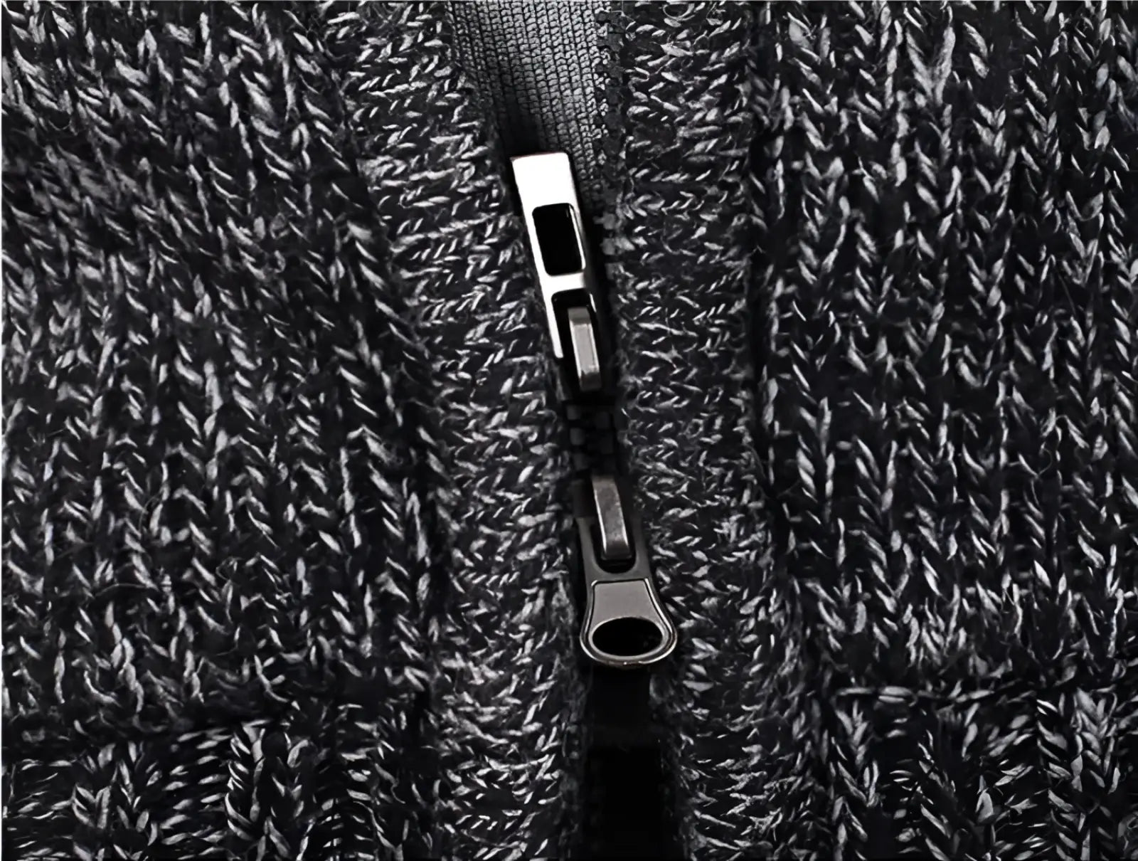 Men’s wool blend knit zip up hoodie featuring a black and white heathered knit zipper with a metallic pull tab