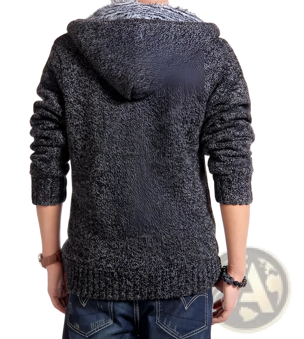 Men’s wool blend knit zip up hoodie in dark gray marled knit with plush lighter gray faux fur lined hood