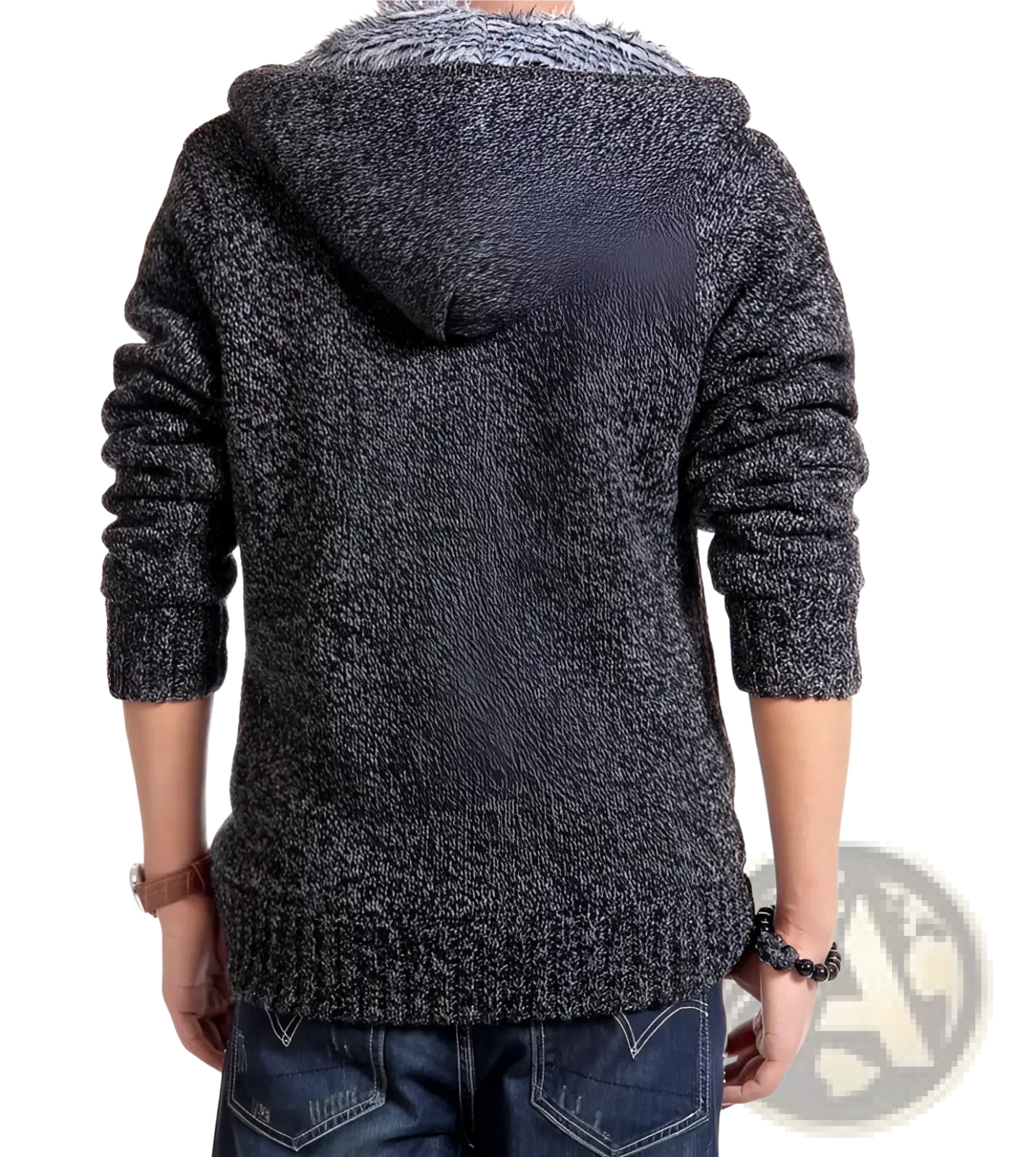 Men’s wool blend knit zip up hoodie in dark gray marled knit with plush lighter gray faux fur lined hood