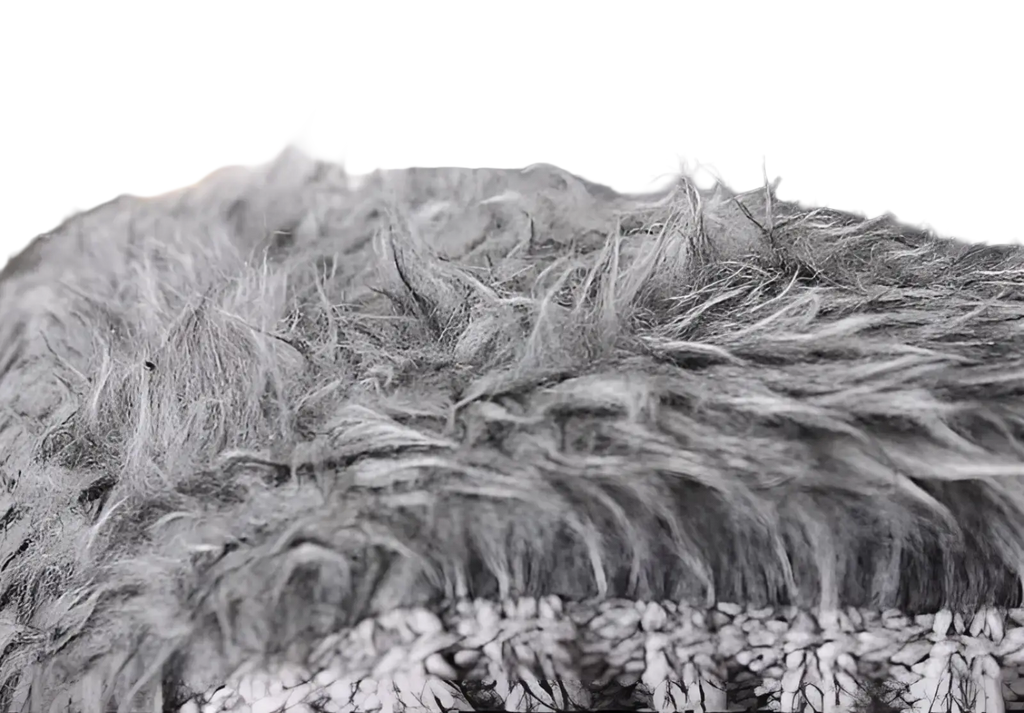 Men’s wool blend knit zip up hoodie featuring a plush gray faux fur texture with a soft and fluffy appearance