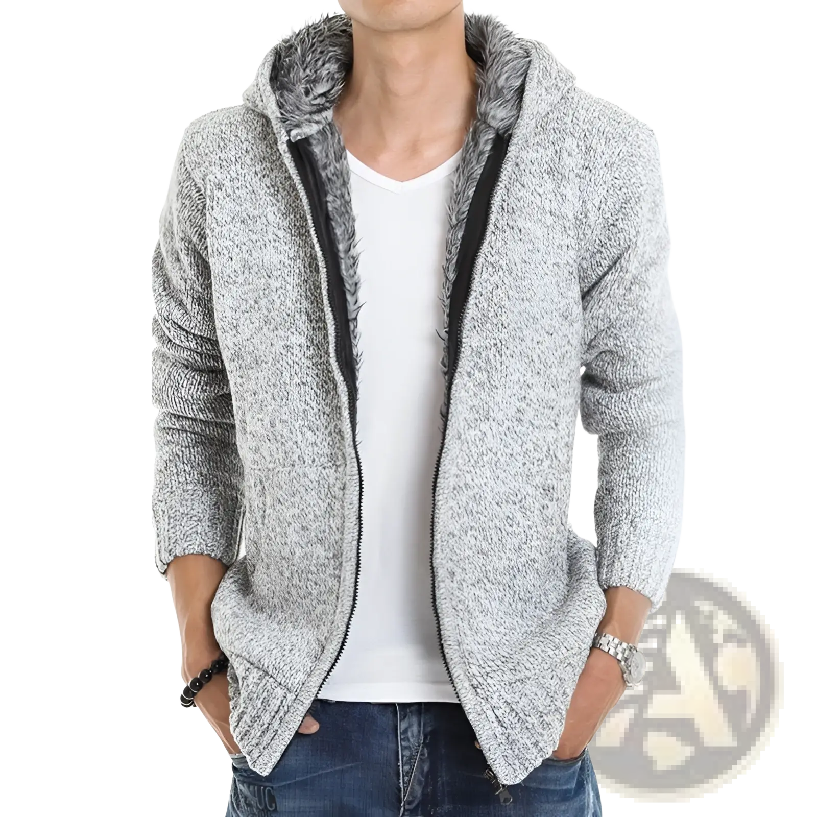 Men’s gray wool blend knit zip up hoodie with plush fuzzy lining inside collar and along zipper placket