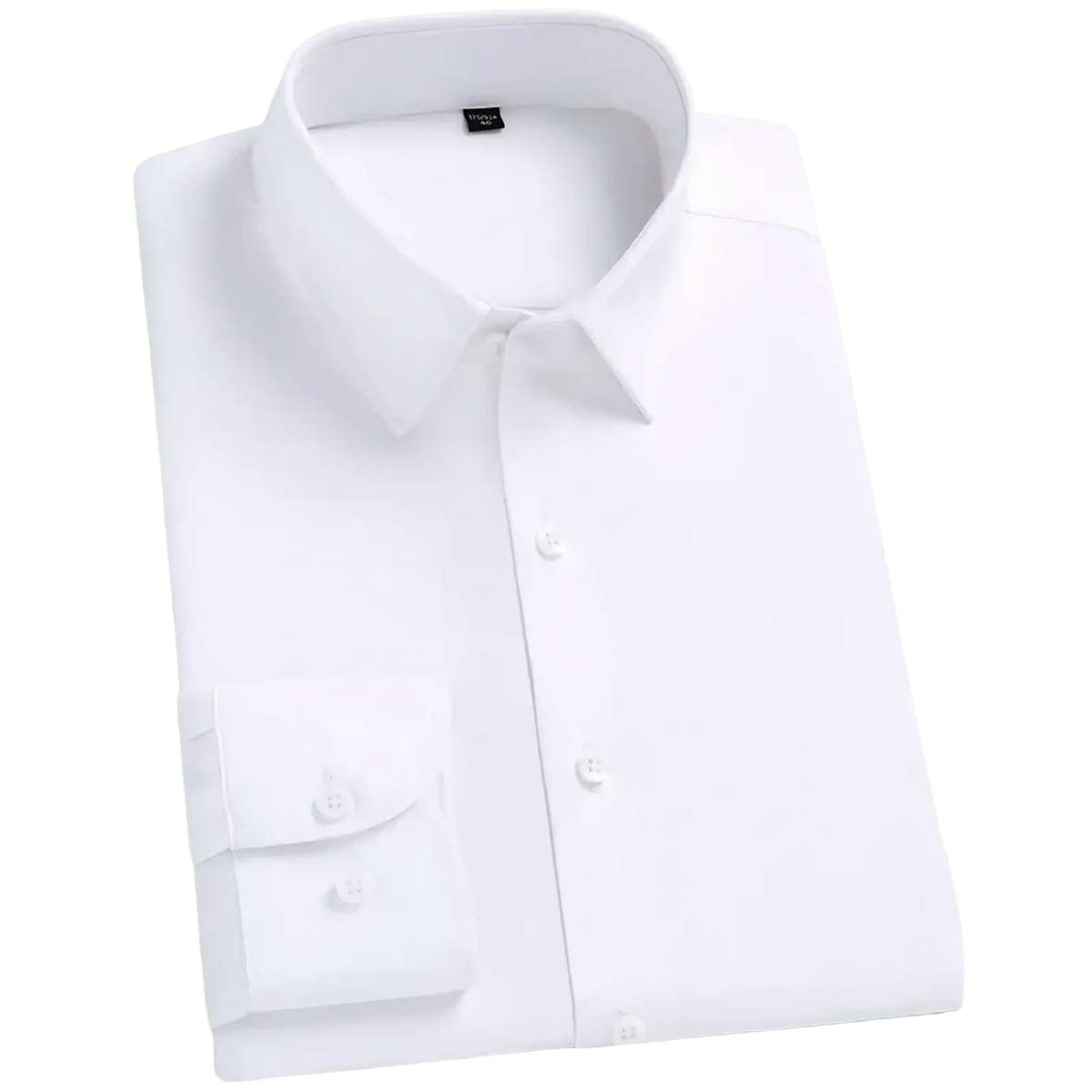 Men’s wool blend long sleeve business casual shirt in crisp white with classic collar and buttoned cuffs
