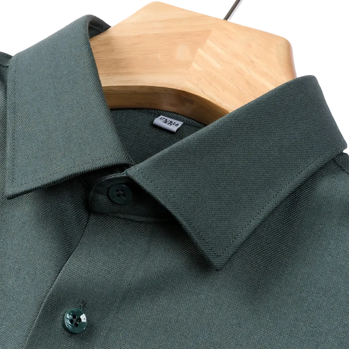 Men’s wool blend long sleeve business casual shirt in dark green cotton with textured woven pattern and matching buttons