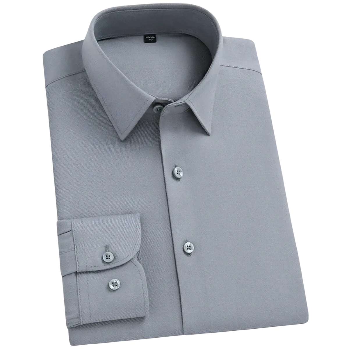 A neatly folded gray men’s wool blend long sleeve business casual shirt with classic collar and buttoned cuffs