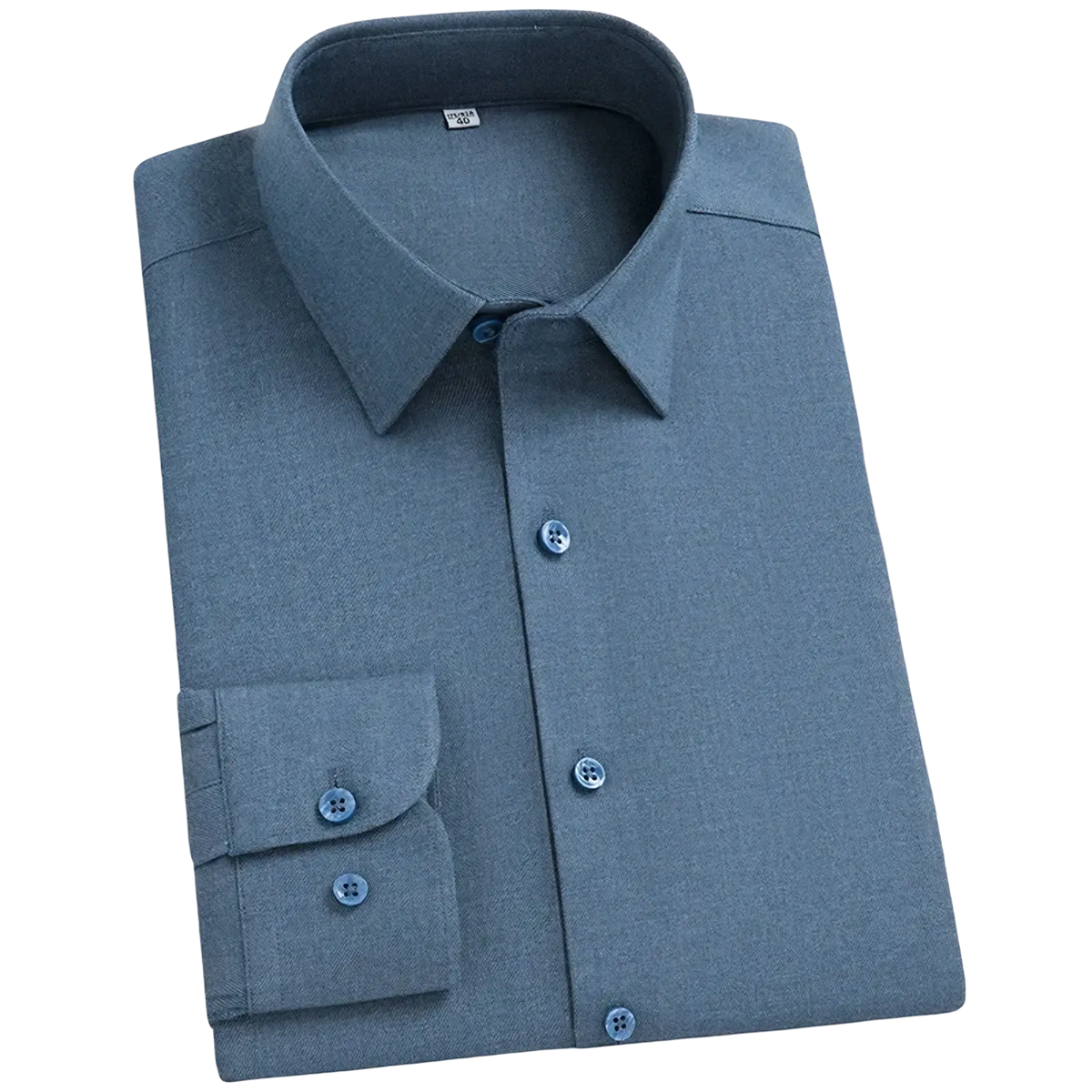 A neatly folded men’s wool blend long sleeve business casual shirt in medium blue with matching buttons and classic collar