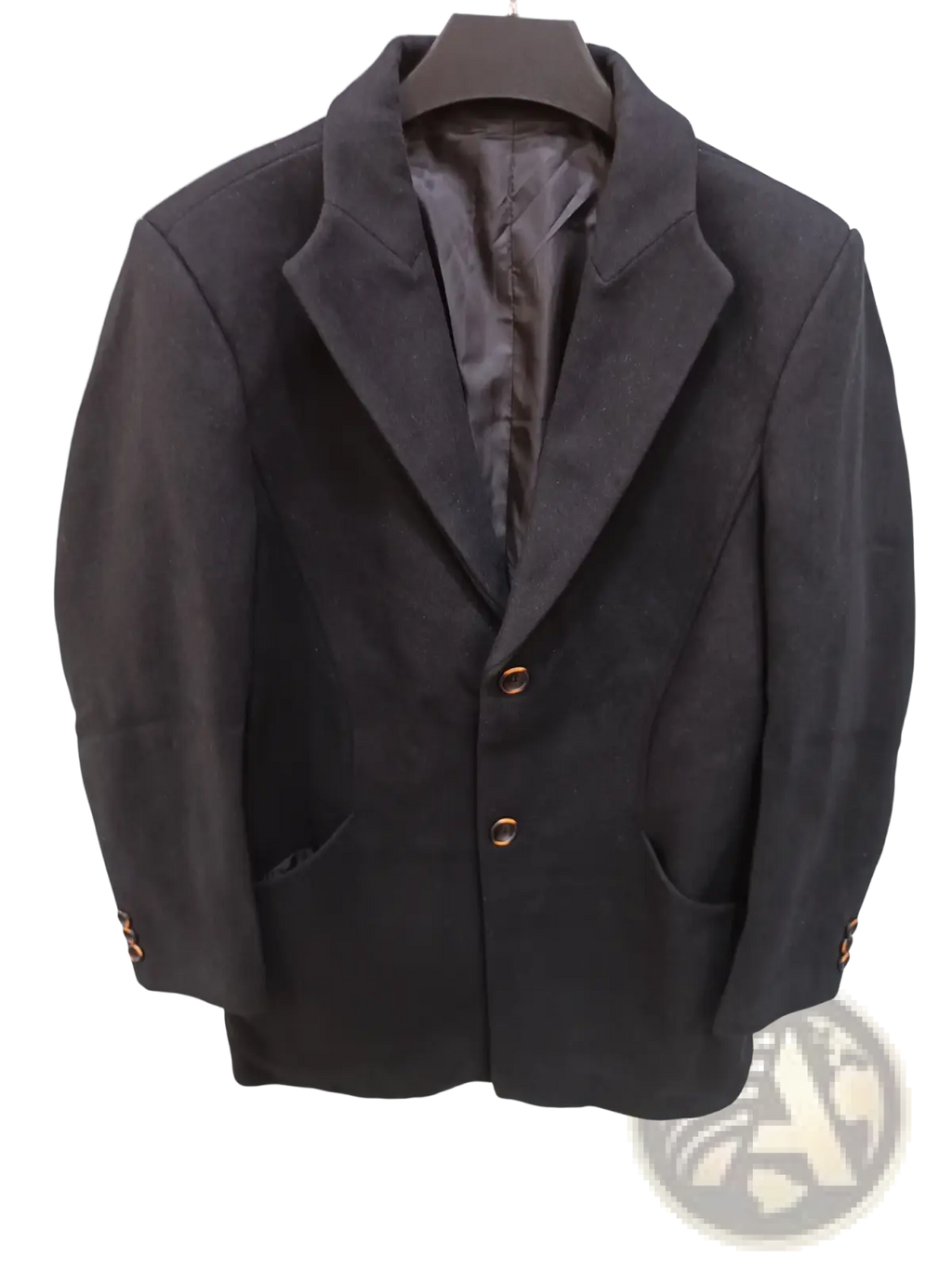 Mens wool blend overcoat medium length in black with gold toned buttons and a subtle sheen on the fabric