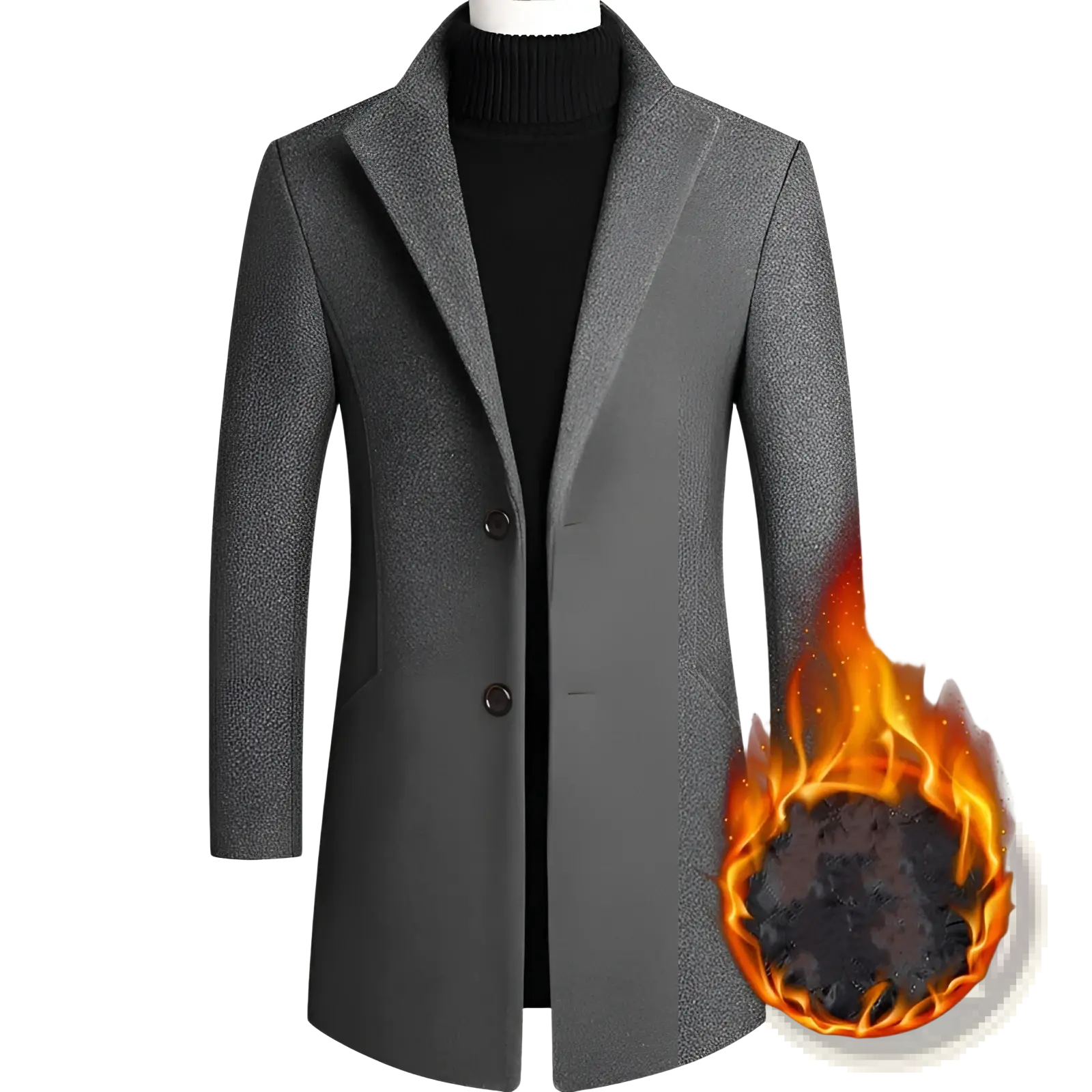 Mens medium length charcoal gray wool blend overcoat with classic notched collar and two front buttons