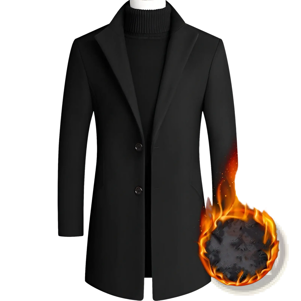 Mens wool blend overcoat medium length in black with a notched collar and two front buttons
