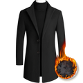 Mens wool blend overcoat medium length in black with a notched collar and two front buttons