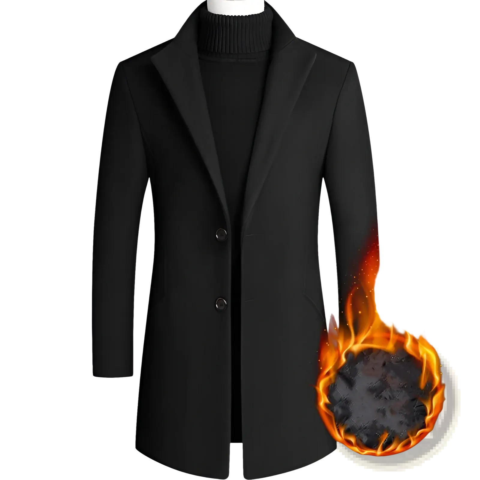 Mens wool blend overcoat medium length in black with a notched collar and two front buttons