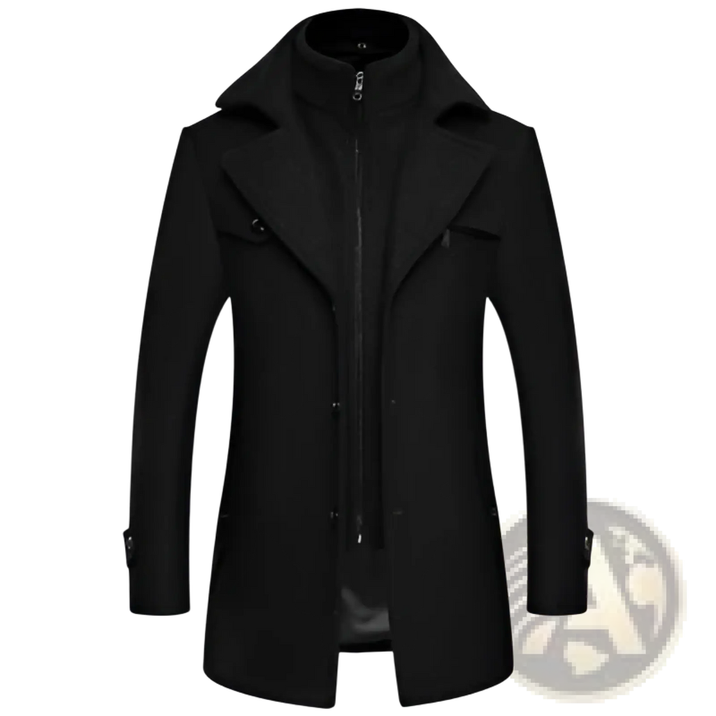 Men’s black wool blend quilted winter overcoat with hood and double-breasted front for cold weather use
