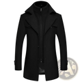 Men’s black wool blend quilted winter overcoat with hood and double-breasted front for cold weather use