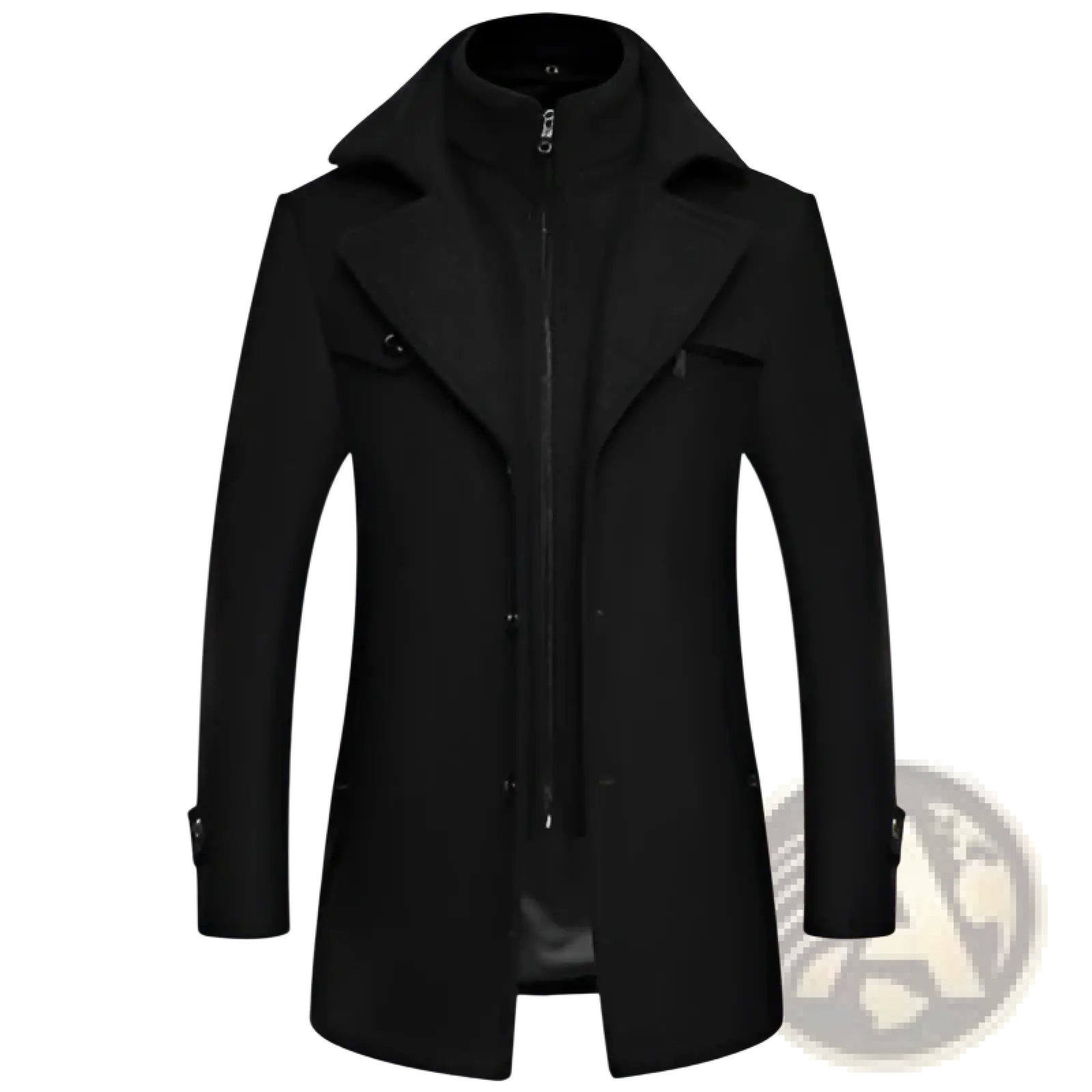 Men’s black wool blend quilted winter overcoat with hood and double-breasted front for cold weather use