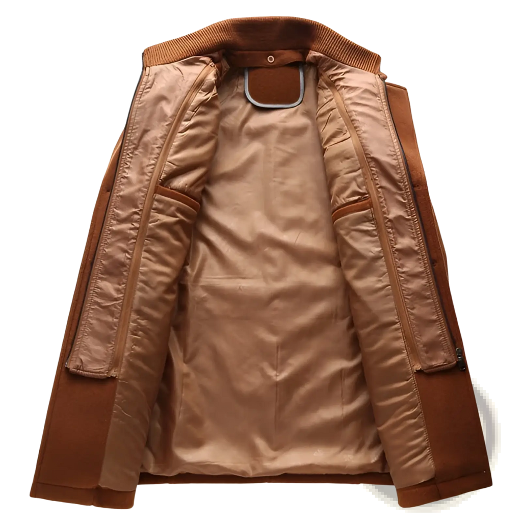 Men’s brown wool blend quilted winter coat with ribbed collar and warm interior for cold weather use