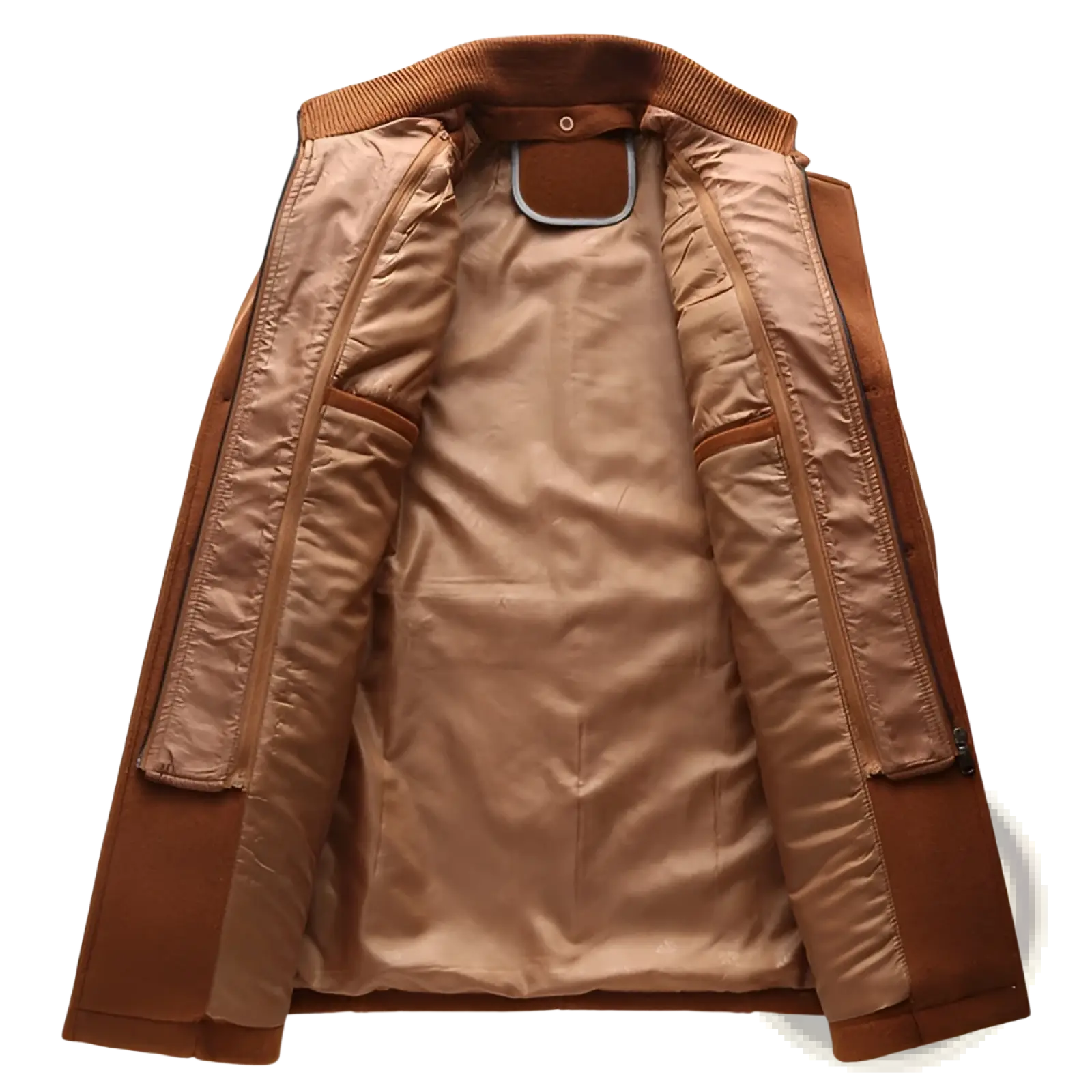Men’s brown wool blend quilted winter coat with ribbed collar and warm interior for cold weather use
