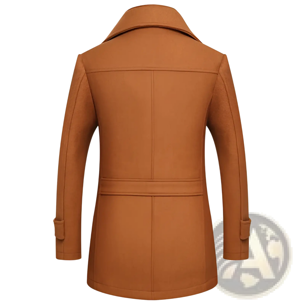 Men’s warm brown wool blend quilted winter coat with double-breasted design and matching belt