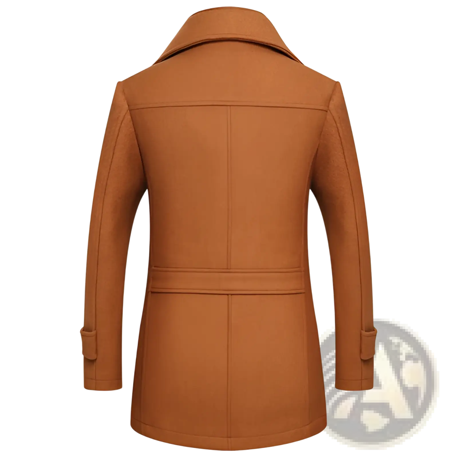 Men’s warm brown wool blend quilted winter coat with double-breasted design and matching belt