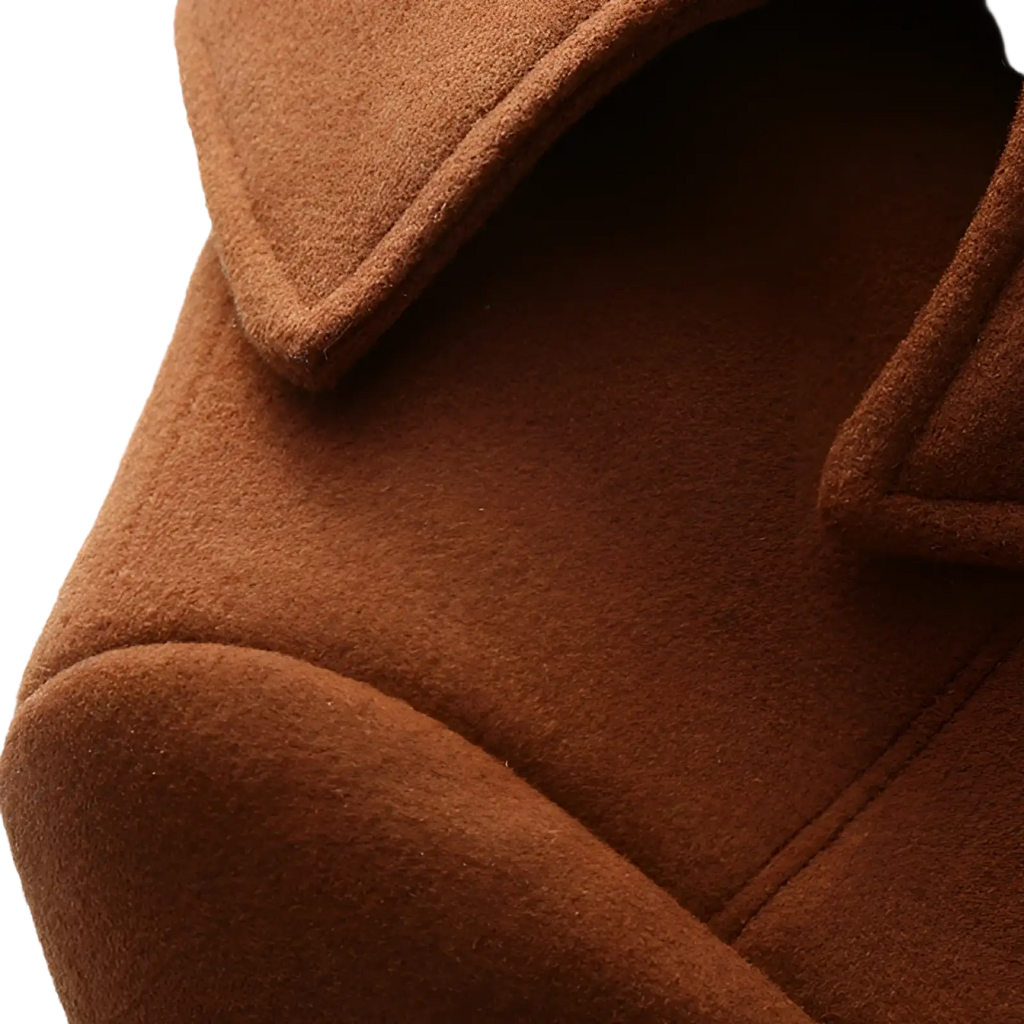 Warm brown wool blend quilted winter coat collar with soft textured fabric and clean stitching for men
