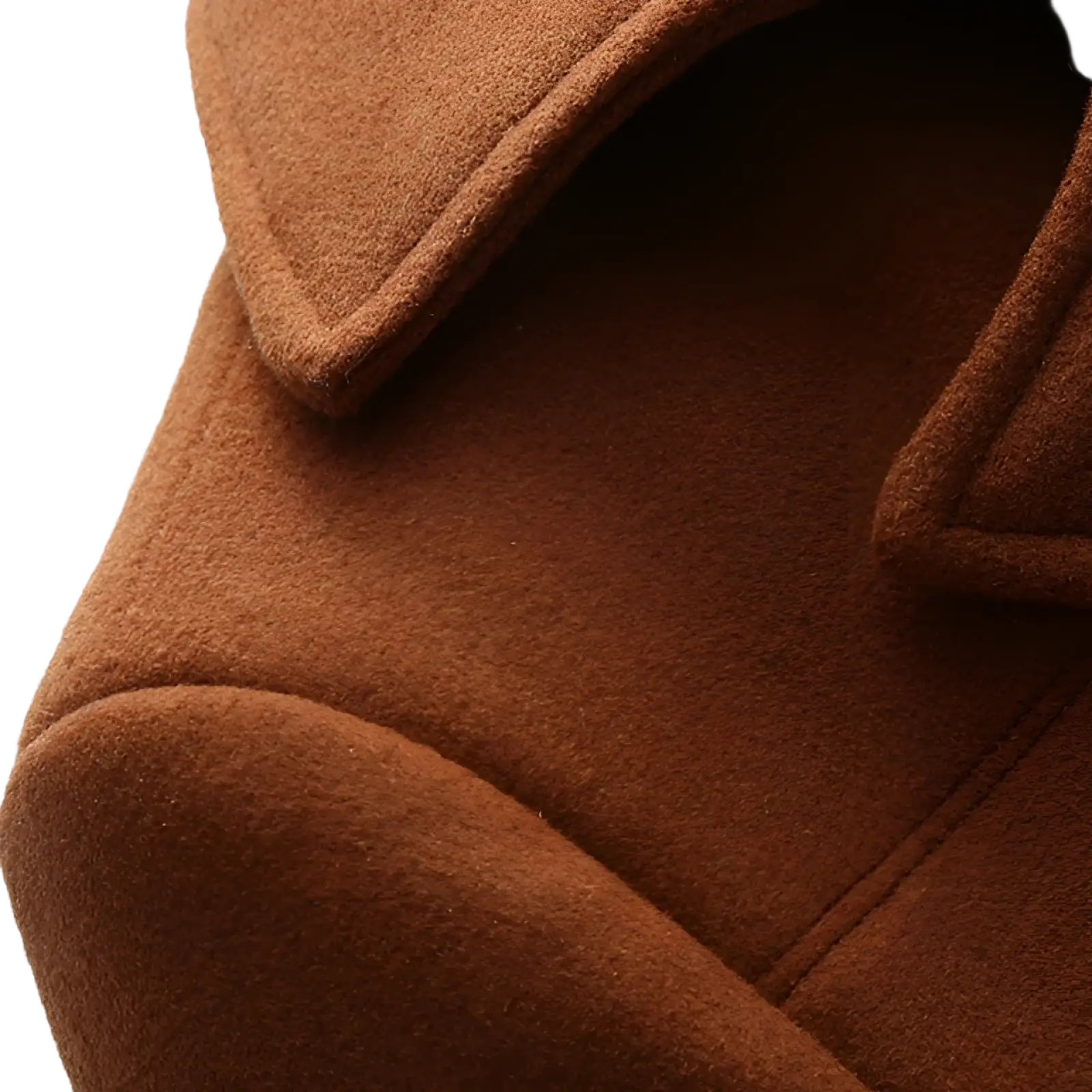 Warm brown wool blend quilted winter coat collar with soft textured fabric and clean stitching for men