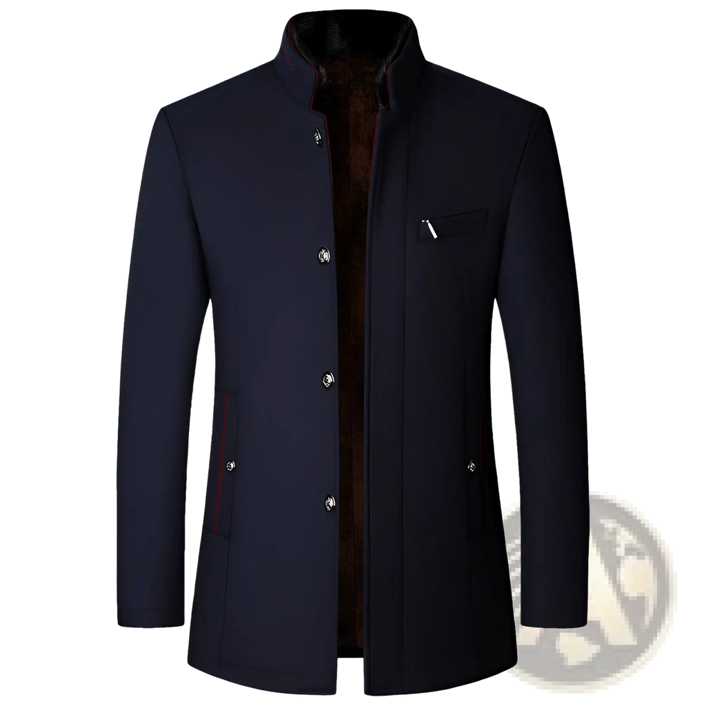 Mens wool casual stand collar jacket navy in dark navy wool with high collar silver buttons and brown fleece lining