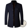 Mens wool casual stand collar jacket navy in dark navy wool with high collar silver buttons and brown fleece lining