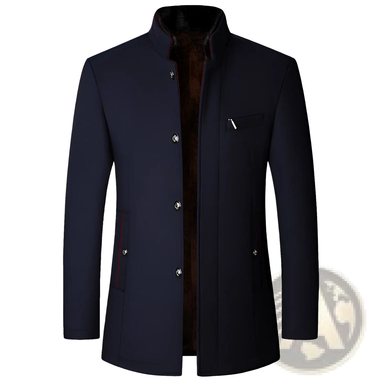 Mens wool casual stand collar jacket navy in dark navy wool with high collar silver buttons and brown fleece lining