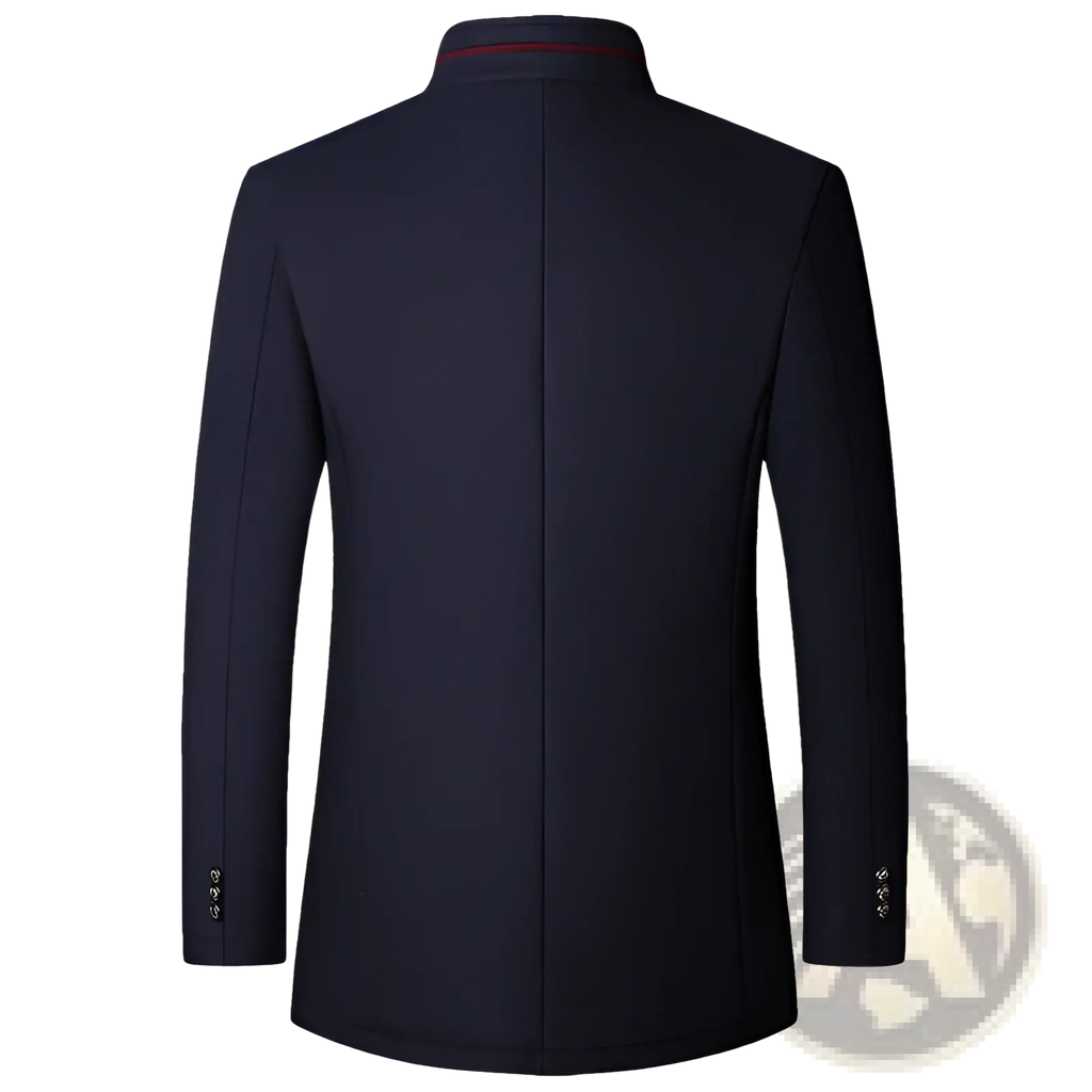 Mens wool casual stand collar jacket navy with dark navy wool, subtle red collar trim, and silver-toned sleeve buttons