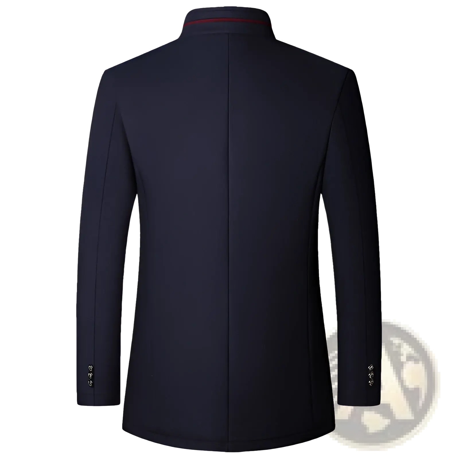 Mens wool casual stand collar jacket navy with dark navy wool, subtle red collar trim, and silver-toned sleeve buttons