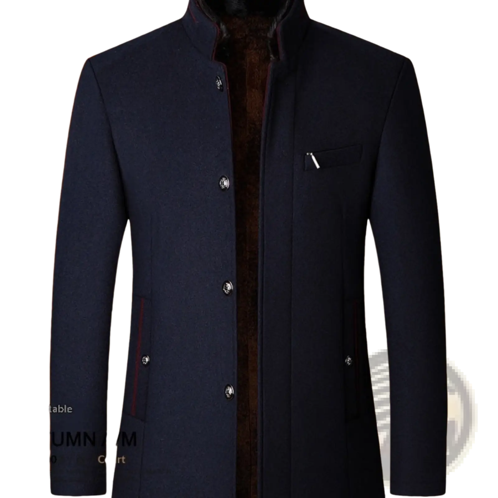 Mens wool casual stand collar jacket navy in dark navy wool with plush brown fur-lined collar and matching buttons