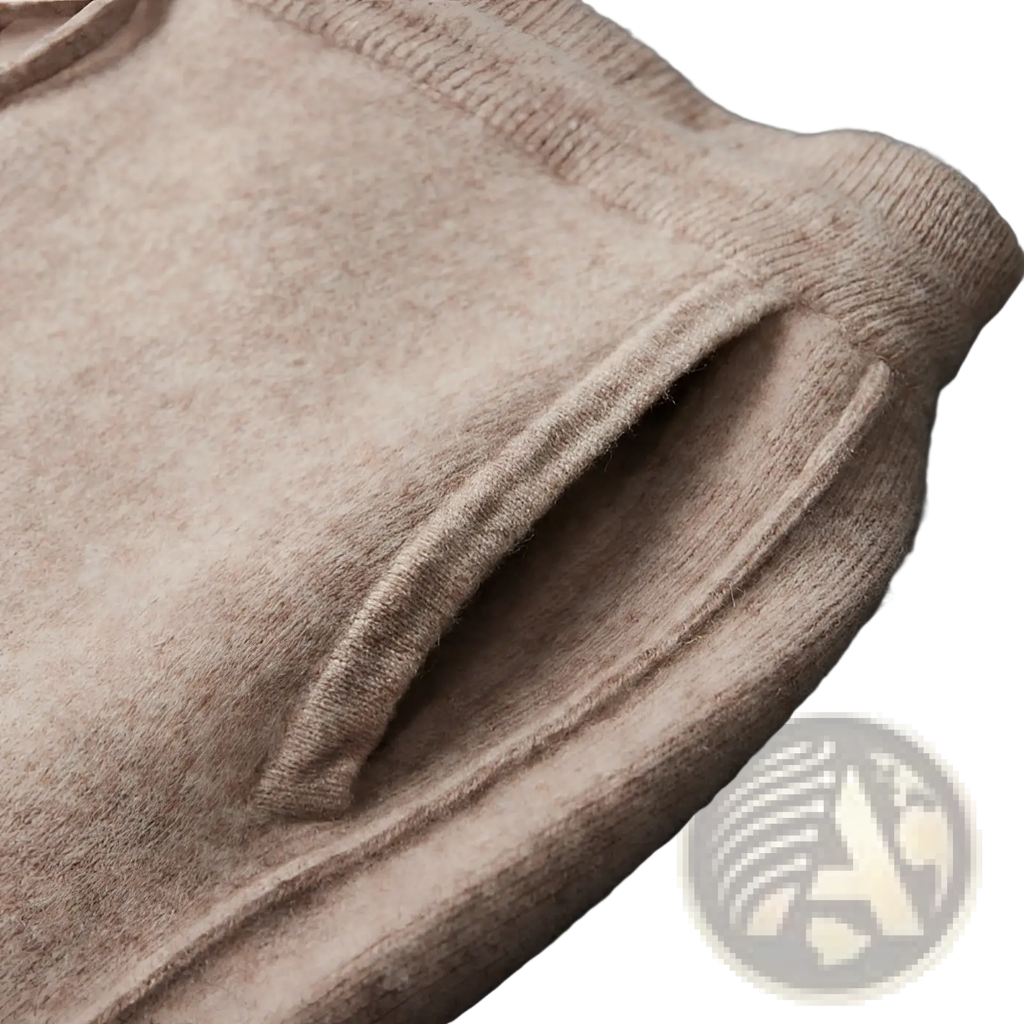 Beige cashmere sweater with ribbed neckline and pocket paired with men’s wool harem pants high waist casual joggers