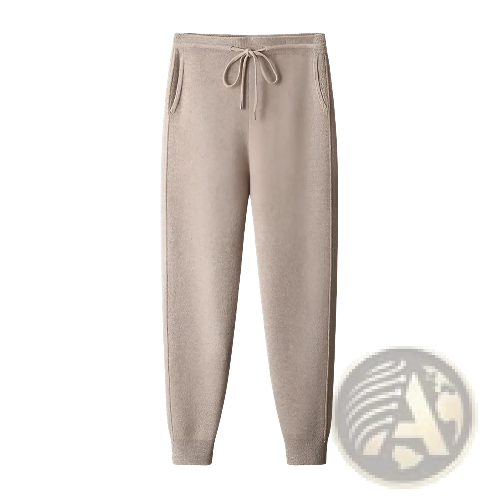 Men’s beige wool harem pants with a high waist, knit fabric, drawstring waist, and ribbed cuffs for casual wear