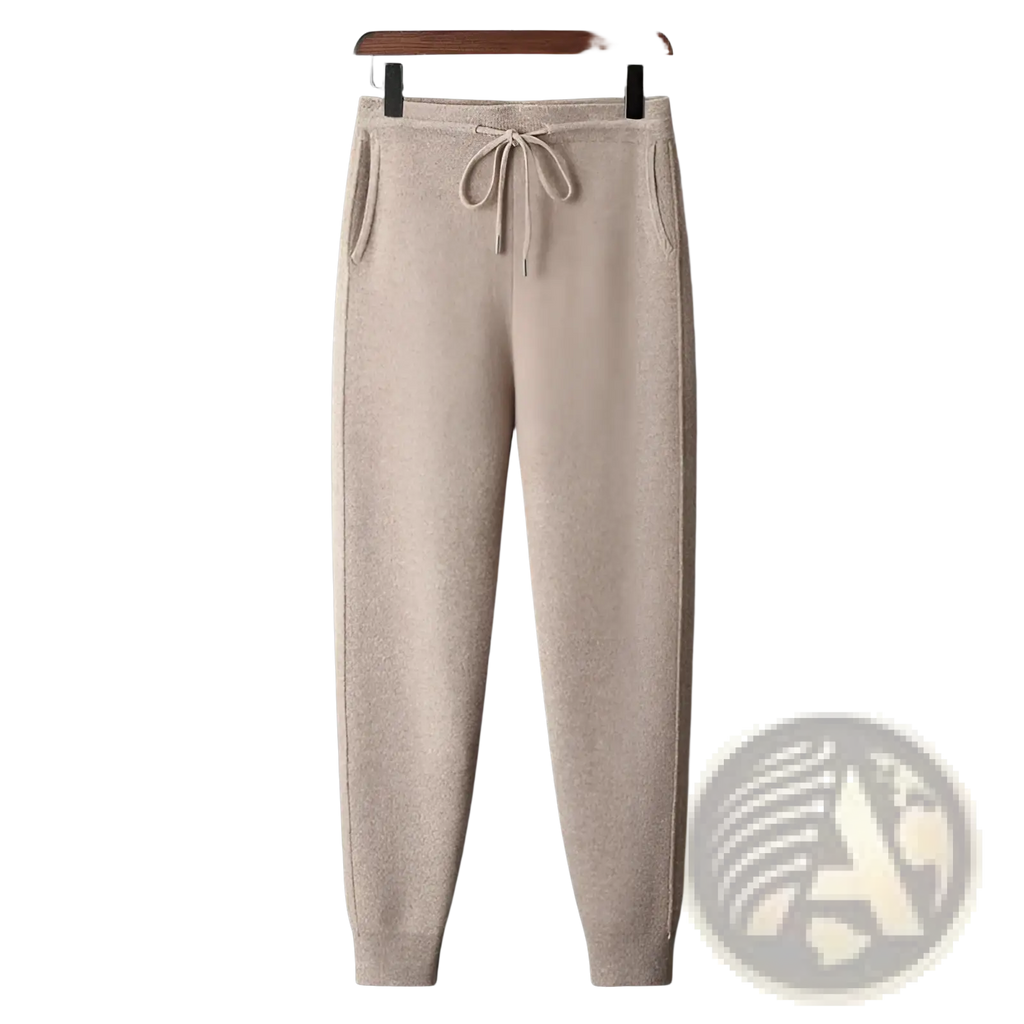 Beige wool knit men’s high waist casual harem joggers with drawstring waist and side pockets