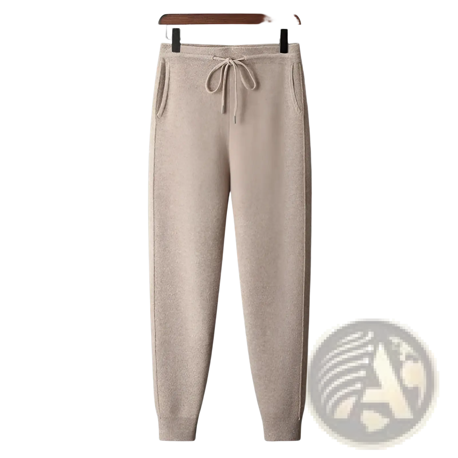 Beige wool knit men’s high waist casual harem joggers with drawstring waist and side pockets