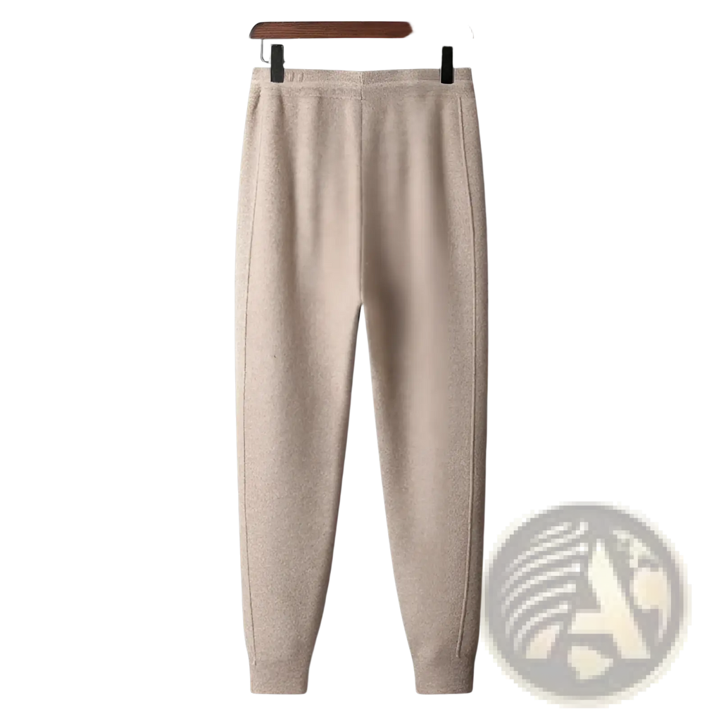 Men’s wool harem pants high waist casual joggers in beige knit with subtle texture and ribbed cuffs