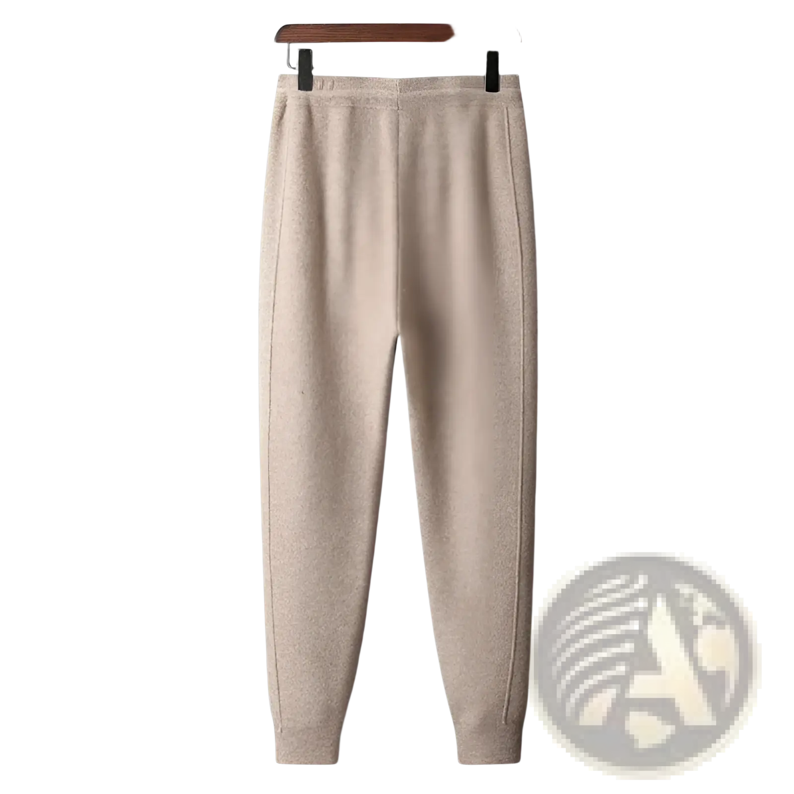 Men’s wool harem pants high waist casual joggers in beige knit with subtle texture and ribbed cuffs