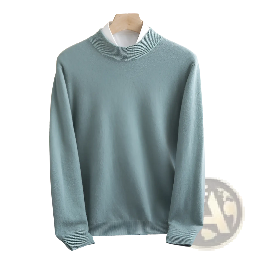 Men’s wool knit half collar winter pullover in soft mint green cashmere with ribbed crew neck and cuffs on wooden hanger