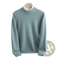 Men’s wool knit half collar winter pullover in soft mint green cashmere with ribbed crew neck and cuffs on wooden hanger
