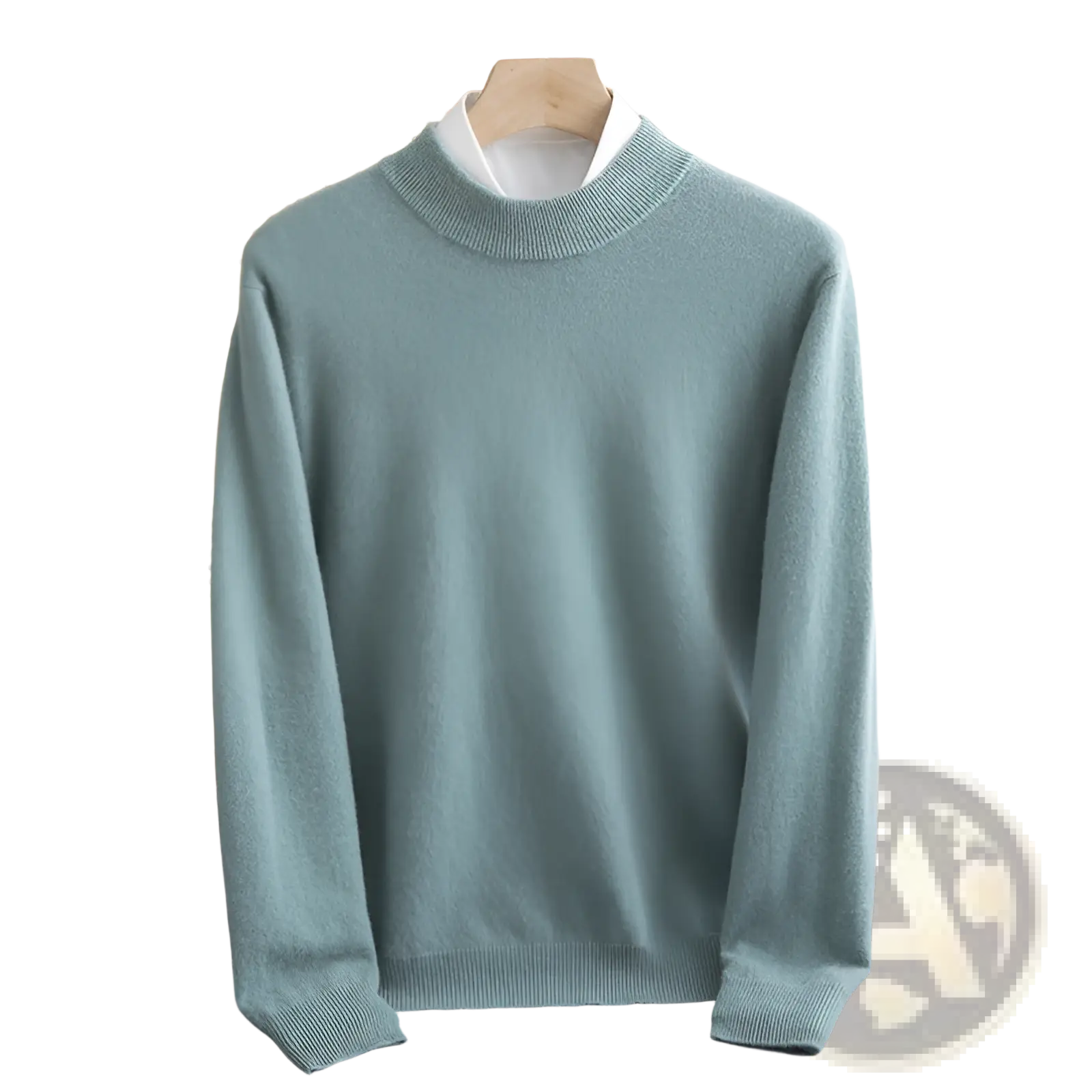 Men’s wool knit half collar winter pullover in soft mint green cashmere with ribbed crew neck and cuffs on wooden hanger