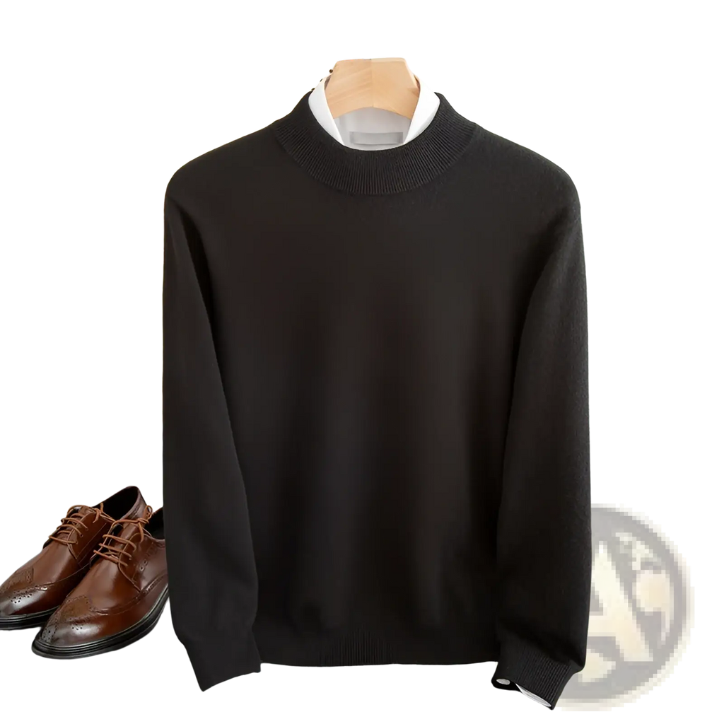 Black ribbed-knit wool crewneck sweater for men displayed on wooden hanger suitable for winter wear