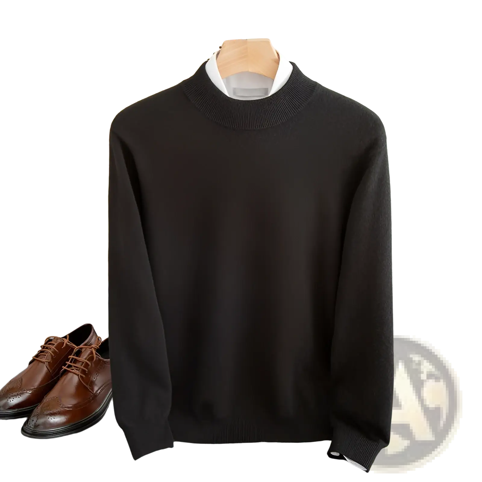 Black ribbed-knit wool crewneck sweater for men displayed on wooden hanger suitable for winter wear