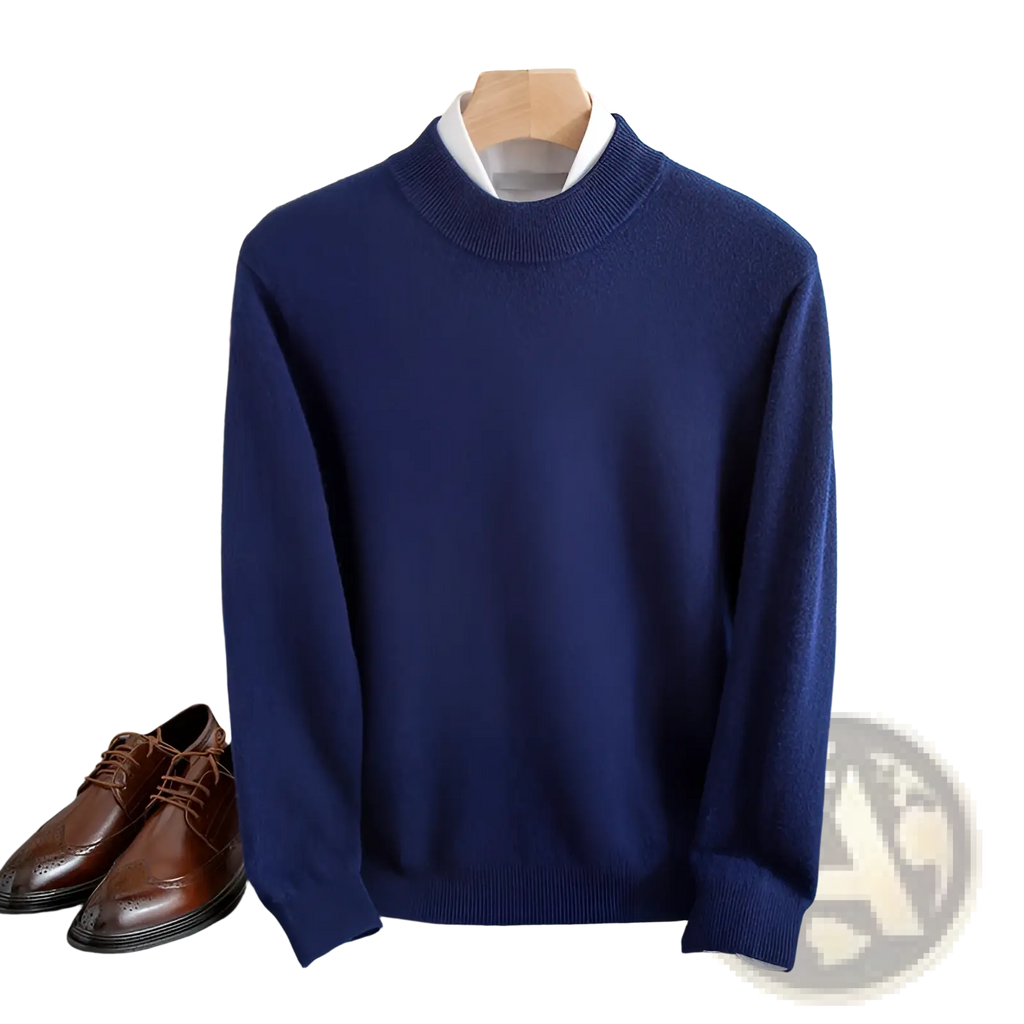 Men’s navy blue wool knit crewneck sweater with ribbed cuffs and neckline soft knit winter pullover