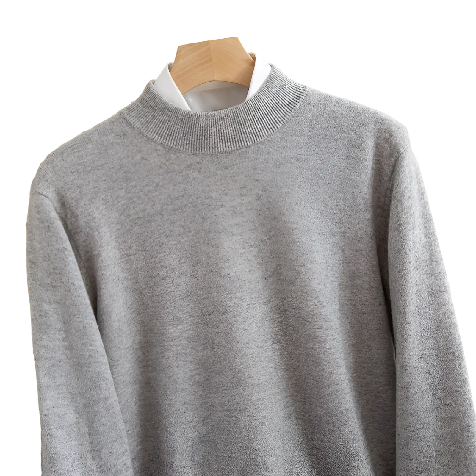 Men’s wool knit sweater half collar winter pullover in soft heather gray with ribbed crew neckline and long sleeves
