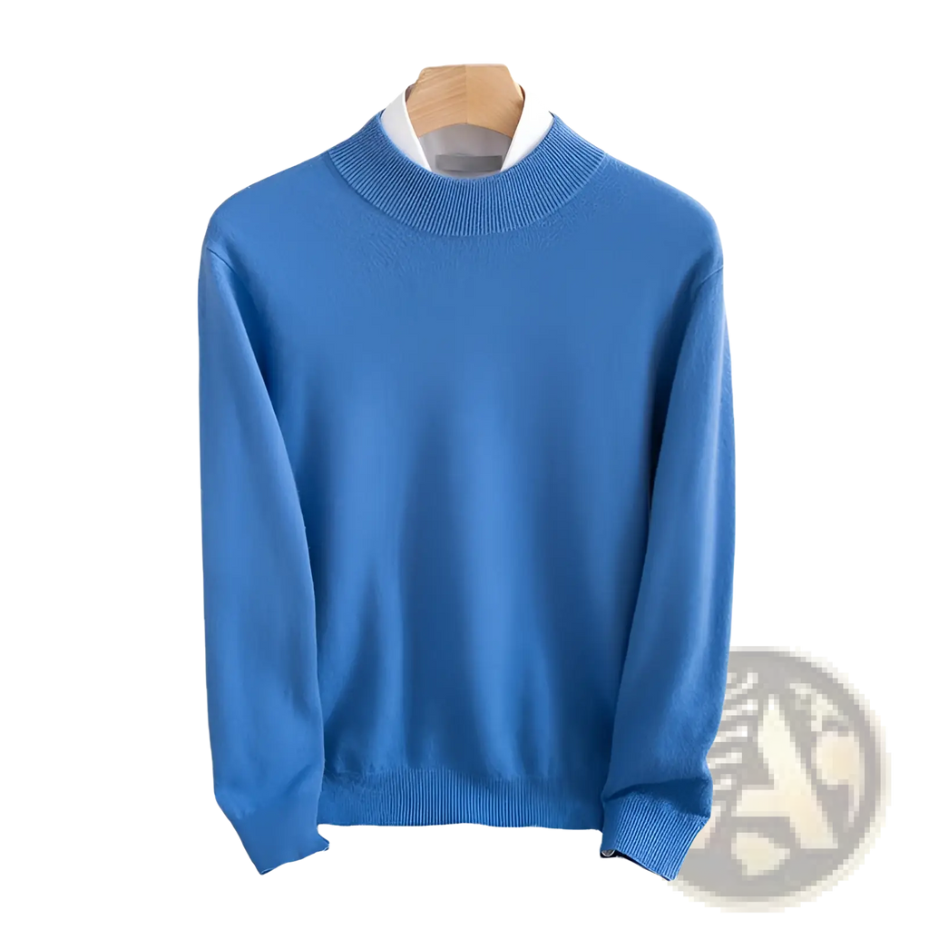 Men’s solid blue wool knit sweater with ribbed crew neck and cuffs ideal for winter wear