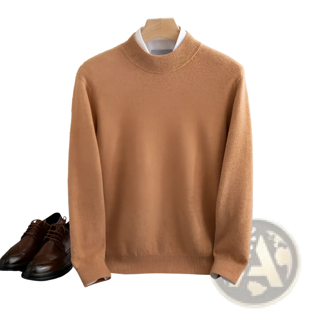 Men’s warm camel-colored wool knit sweater half collar finely knitted cashmere pullover for winter