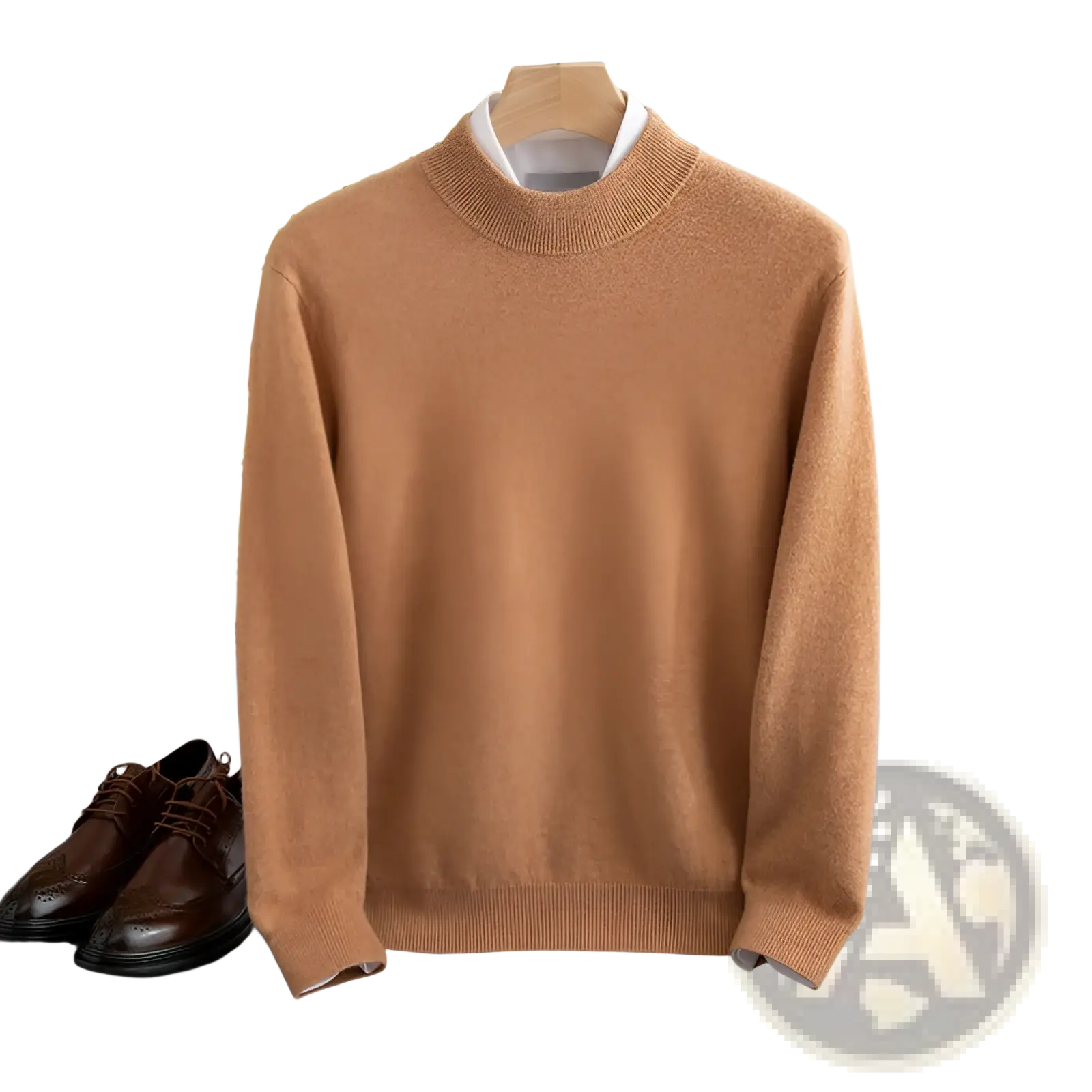 Men’s warm camel-colored wool knit sweater half collar finely knitted cashmere pullover for winter